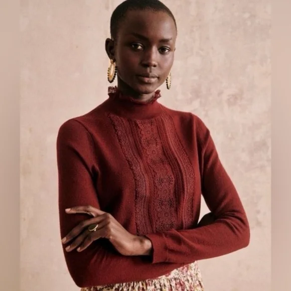 🍷 Sézane Kate Jumper in Burgundy | Size SMALL | Lace Detail Sweater - Picture 1 of 6